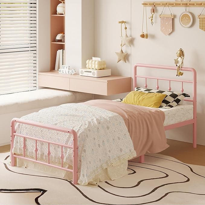 Richwanone 14 inch Twin XL Bed Frame with Headboard and Footboard, Heavy Duty Metal Bed Frame Victorian Style, No Box Spring Needed, Easy Assembly, Pink