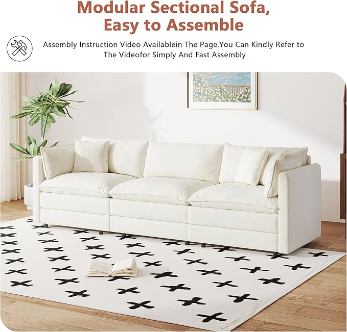 Setawix Chenille Cloud Couches for Living Room,3 Seater Cloud Sofa Couch with Deep Seat,112.2" Roomy Cloud Sofas,Modular Sectional 3 Seat Sofa with Pillows for Bedroom. (Beige, 3 Seater)