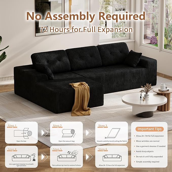 Ball & Cast 106" Modular Sectional Sofa, Cloud Corduroy Couch with Deep Seat, Boneless L-Shaped Sectional, Upholstered Modular Sofa for Living Room, No Assembly Required (Black, Left Facing Chaise)