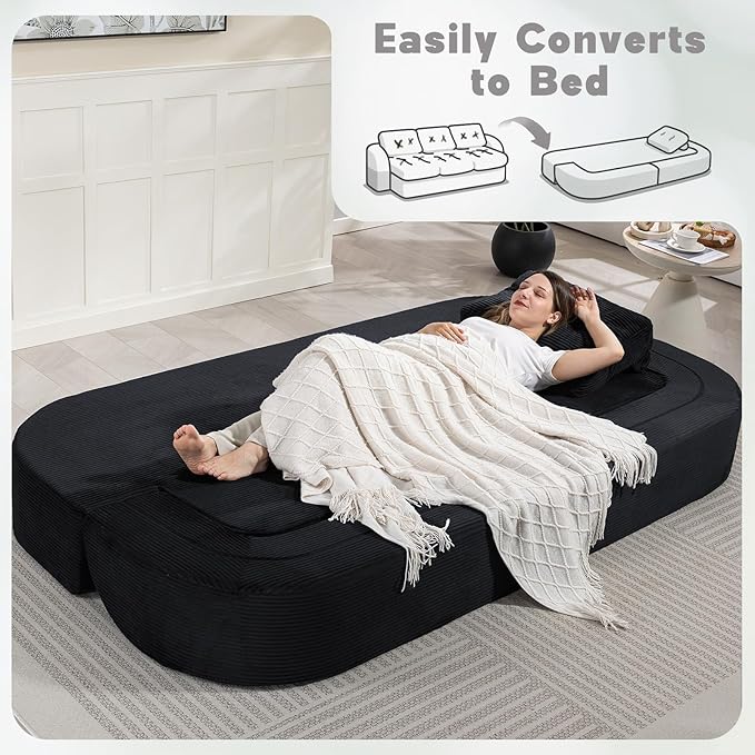 MeMoreCool Floor Sofa Black Boneless Cloud Couch – 3-Seater Convertible Sofa Bed, Tufted Corduroy, No Assembly Modular Cushion Design, Compressed in a Box, for Living Room and Bedroom