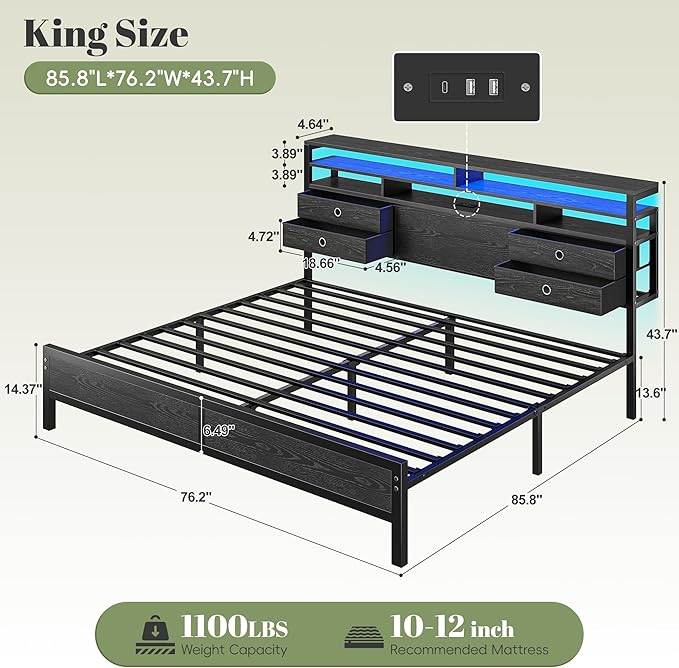 Homkdom King Size Bed Frame with 2-Tier Storage Headboard and 4 Drawers,King Bed Frame with LED Light & Charging Ports,Metal Platform Bed Frame,1100LB-Heavy Duty for Apartment,Guest Room,Modern Black