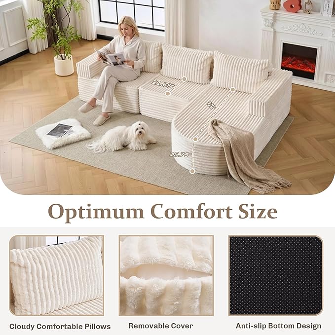 103”Boneless Couches for Living Room, L-Shaped Modular Sectional Sofa with Chaise, Modern Corduroy Cloud Couch with Deep Seat, Comfy Sponge Compression Convertible Sofas