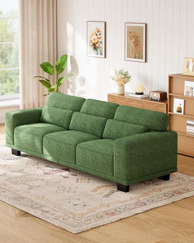 Marsail 89" Couch, 3-Seater Modern Sofa with Deep Seats, Comfy Upholstered Linen Sofas for Living Room, Apartment, Green