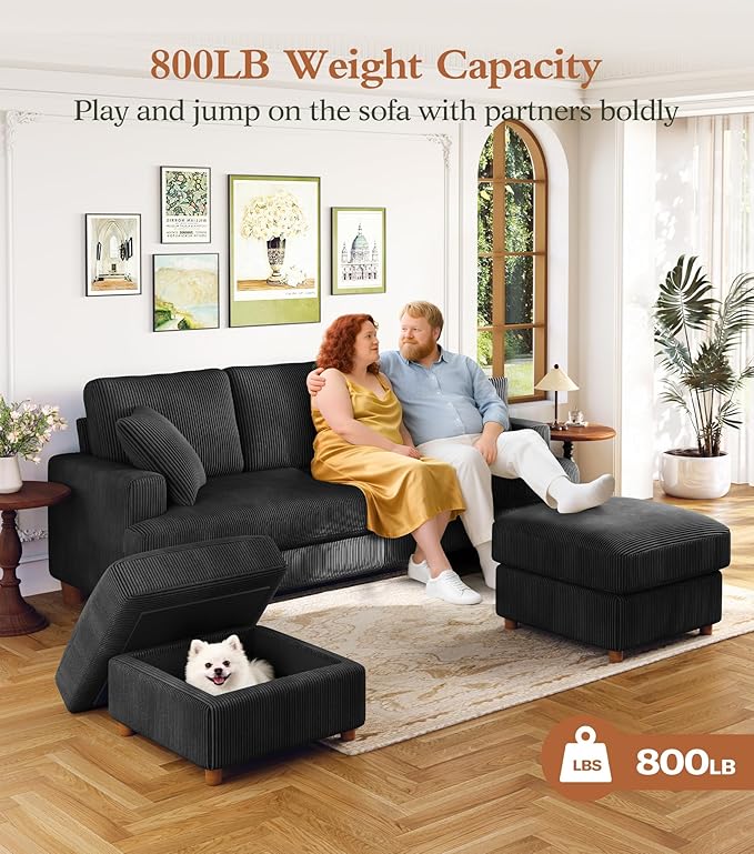 Kidirect 87in U Shaped Couch, Modular Sofa No Tool Assembly, Comfy Sectional Couches for Living Room 21in Deeper Seats, Corduroy Sofas for Living Room with 2 Pillows, Loveseat Sofa Set, Black Couch | Comfy Corduroy, Oversized 87in Couch, 850LB Tough, T...