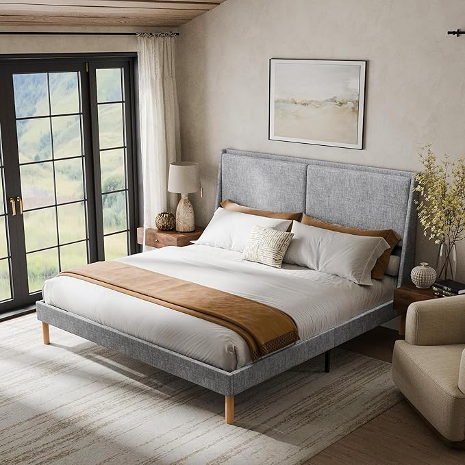 Cozy Castle King Size Upholstered Platform Bed Frame with 51.2" Tall Wingback Headboard, Double Backrest Metal Bed Frame, No Box Spring Needed, Easy Assembly, Bedroom Furniture, Grey