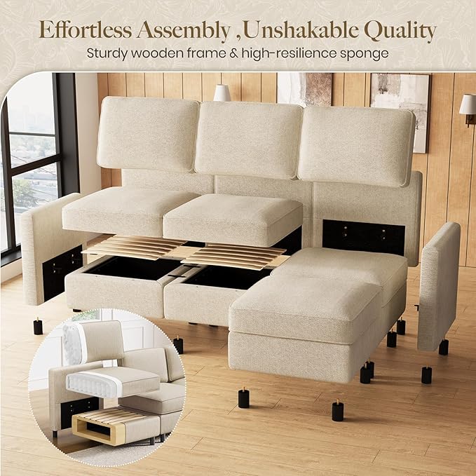 Belffin 84.3" 9 Seats Sleeper Sofa Modular Sectional Sofa Washable Sectional Couches for Living Room Comfy Couches with Storage Seat Couch Sofas with Chaise,Beige