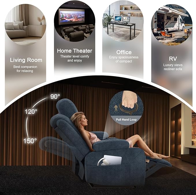 3+1+1 Manual Recliner Sofa, Maximum Load Capacity 2250lbs & Ergonomics Design, Multi-Functional Middle Seat & Home Theater Seating with Removable Armrest and Storage for RV Living Room (Fabric,Blue)