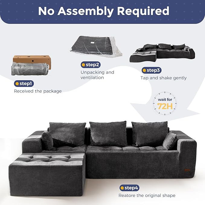 MAXYOYO Modular Sectional Sofa Couch, L Shaped Boneless Cloud Couch with Flexible Ottoman, Chenille Upholstered Living Room Sleeper Sofa Chair for Living Room, No Assembly Required, Dark Grey