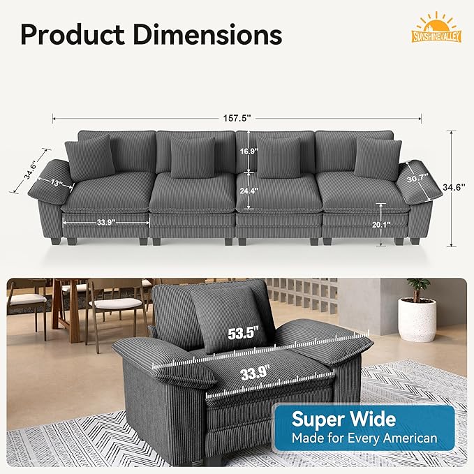 4 Seat Modular Sofa, 157.5'' Oversized Modern Corduroy Sectional Couch with Removable Armrest and Pillow, Upholstered Cloud Deep Seat Sofa for Living Room, Grey
