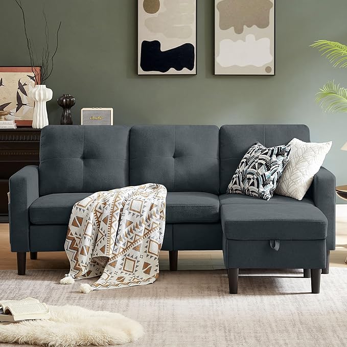79" Convertible Sectional Sofa, Small L Shaped 3 Seat Couch with Storage Chaise and Side Pocket, Modern Linen Fabric Reversible Sofa Couches for Living Room, Apartment and Small Space