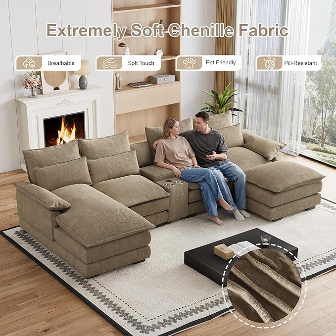 135" U Shaped Cloud Couch Sectional Modular Sectional Couches for Living Room Oversized Comfy Chenille Sofa Cloud Couch Set with Storage Central Console, USB Ports, Chaise Lounge, Ottoman, Brown