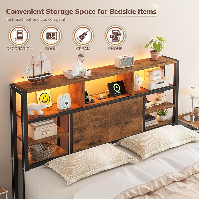 Full Size Bed Frame with Storage Headboard, LED Lights & Charging Station Heavy Duty Metal Platform Bed for Small Bedrooms, 1100 LBS Capacity, No Box Spring Needed, Easy Assembly,Vintage Brown