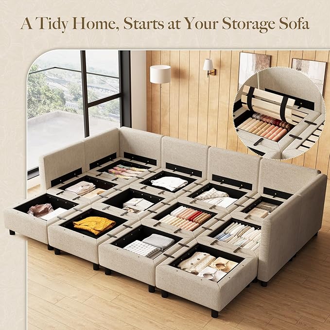 Belffin 110.2" 12 Seats Modular Sectional Sofa Sleeper Sofa Big Washable Sectional Couches for Living Room Comfy Couches with Storage Seat Couch Sofas with Chaise,Beige