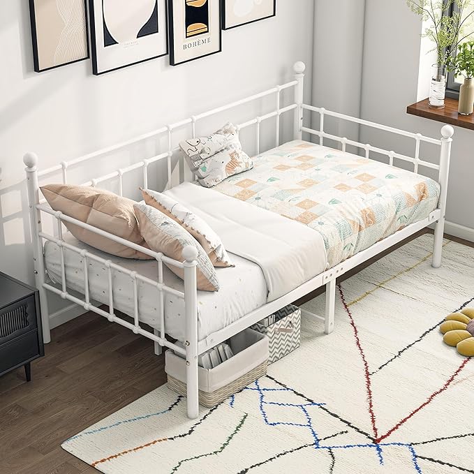 BOFENG Metal Daybed Frame Twin Size Platform Sofa Bed Day Bed with Strong Steel Slats Mattress Foundation Bedroom Furniture,Noise Free,White