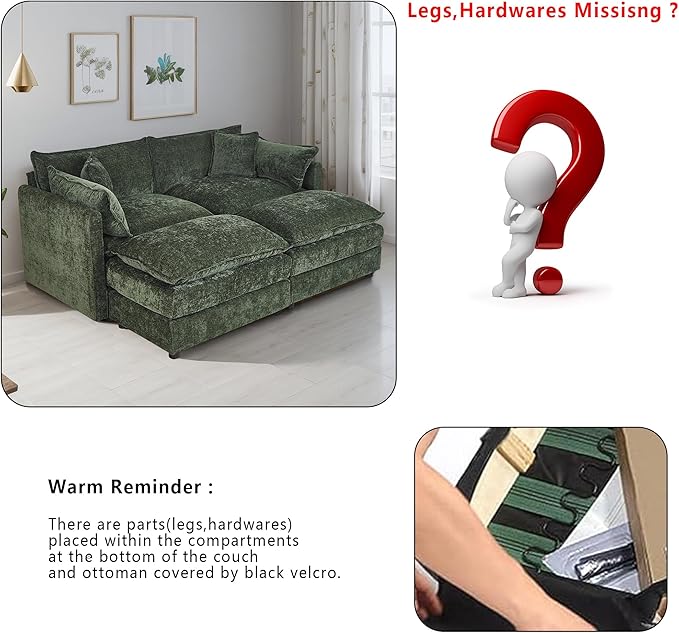 Setawix Deep Loveseat Couch with Ottomans,Large 2 Seater Lounger Cloud Couches for Living Room,77.16" Chenille Cloud Sofas with Deep Seat,Modular Sectional Sleeper Sofa for Bedroom (Green, 2+2)