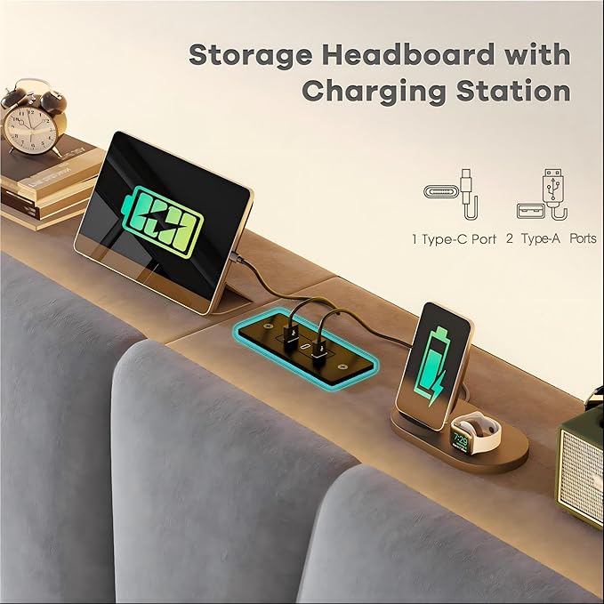 EnHomee Twin Bed Frame, Twin Size Bed Frame and Headboard, Bed with Charge Station and Led Light for Bedroom Apartment, Dorm, Noise-Free, Easy Assembly, Gray
