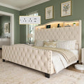 Belffin King Size Bed Frame and Headboard, 50.9" Velvet Upholstered Wingback Bedframe with LED Lights & Storage/Charging Station, Button Tufted Tall Footboard, No Box Spring Needed, Noise-Free, Beige