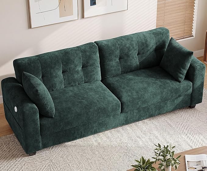 87" Loveseat Sofa for Living Room, Modern Chenille Cloud Couch with USB/Type-C Charging Ports, Side Pockets, Removable Cover, Wide Armrests, Small Couch for Small Space, Easy Assembly, Green