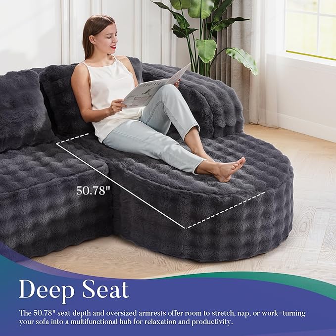 Hobestluk 96" Cloud Sectional Couch Modern Boneless Couch 3 Seater with Oversized Chaise L Shaped Modular Sofa Couches for Living Room Apartment No Assembly Required (Bubble Grey, Right Facing Chaise)