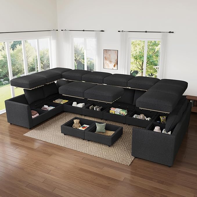 HONBAY Modular Sectional Sofa Sleeper Couch with Storage Modular Couch Convertible Couches for Living Room - Linen Grey