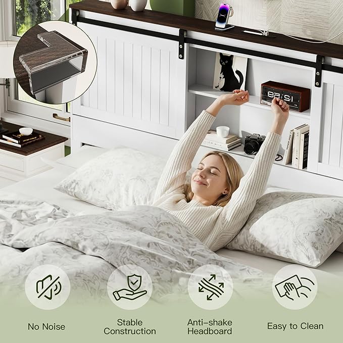 King Size Bed Frame with Storage Headboard, Sliding Barn Door, Wood Platform Bed with Reading Light and Charging Station, Wood Slats Support, Easy Assembly, Noise-Free, Antique White