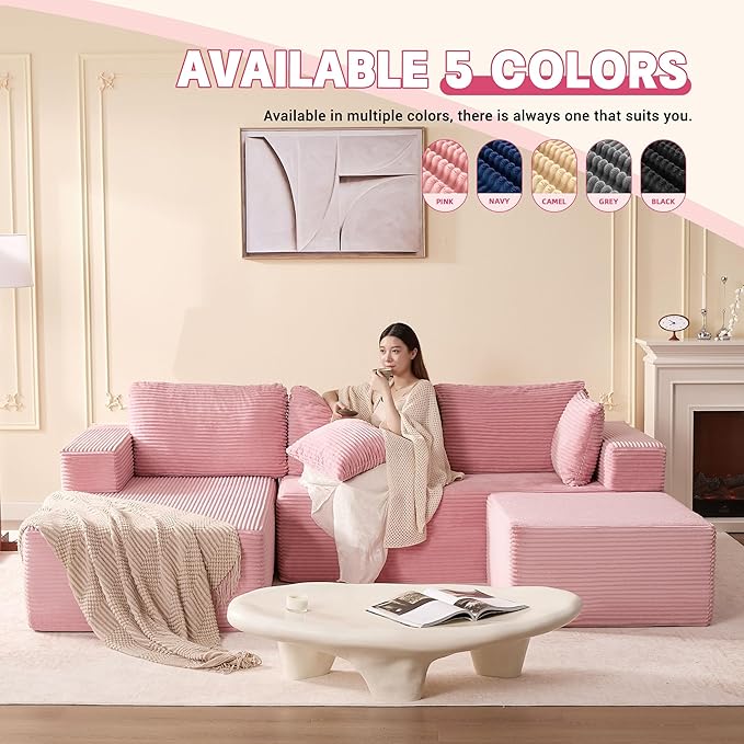 107" Boneless Couch with Deep Seat, Set of Modular Sectional Sofa, Cloud Sectional Couch for Living Room, No Assembly Required, Corduroy, U-Shape 3 Seater Left, Pink