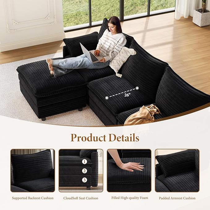 Vesgantti 101" V-Shaped Corner Couch Sectional, 7 Seat Customizable Modular Cloud Couches with Movable Ottoman, Corduroy Deep Seat Sofa Set with Chaise for Living Room, Bedroom and Apartment, Black