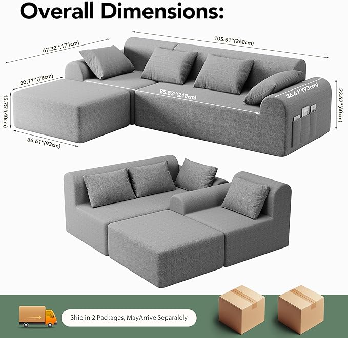 2026 New 105.5”Cloud Boneless Sectional Sofa for Living Room, L-Shaped 4-Seater Modular Couch with Ottoman, 4 Pillows, Deep Seat Chenille Fabric Sofa, No Assembly, 72H Full Restore, Light Grey