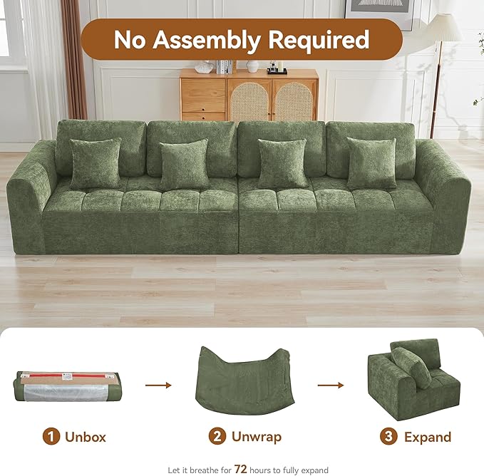 140''Modular Sectional Couches for Living Room, Cloud Boneless Compressed Sectional Sofa, Oversized 4 Seater Upholstered Memory Foam Sofa, No Assembly, Chenille Green