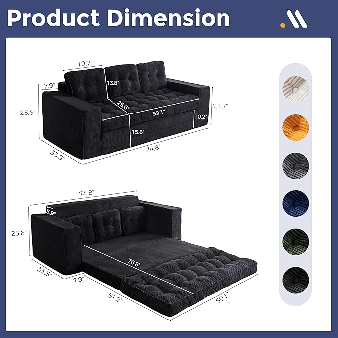 MAXYOYO Convertible Sofa Bed, Pull Out Oversized Loveseat Sleeper Sofa, 2 in 1 Folding Couch Bed, Fold Out Floor Couch with Pillows for Living Room Bedroom Lounge, Black