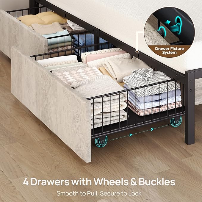 Rolanstar Twin Bed Frame with 4 Drawers, LED Lights and Charging Station, Metal Platform Bed with Storage Headboard, Noise Free, Easy Assembly, No Box Spring Needed, Light Grey