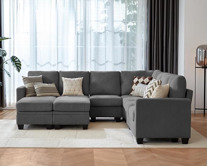 CHIC HOUSE Modular Corner Sectional Sofa with Storage Ottoman, Corduroy L-Shaped Couch, Compact Small Space Furniture for Living Room & Apartment, (Dark Grey, 9 Seater L-Shaped)