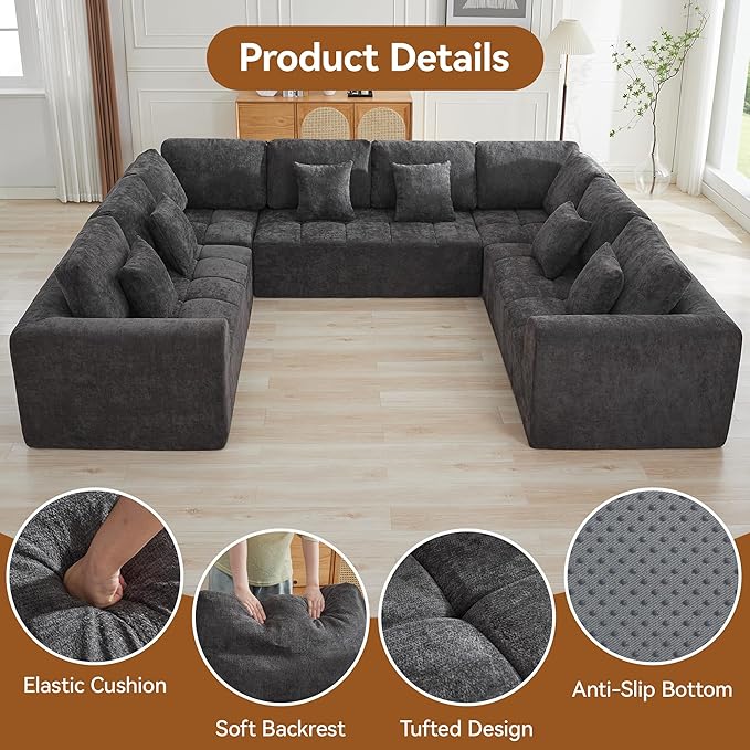 140''Modular Sectional Couches for Living Room, Cloud Boneless Compressed Sectional Sofa, Oversized U Shaped 8 Seater Upholstered Memory Foam Sofa, No Assembly, Chenille Grey