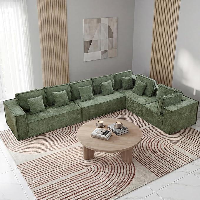 167'' Boneless Chenille L Shaped Couch, Oversized Modular Sectional 7 Seater Sofa, Modern Deep Seat Corner Cloud Compressed Couch, No Assembly Sleeper Sofa with Chaise for Living Room, Green