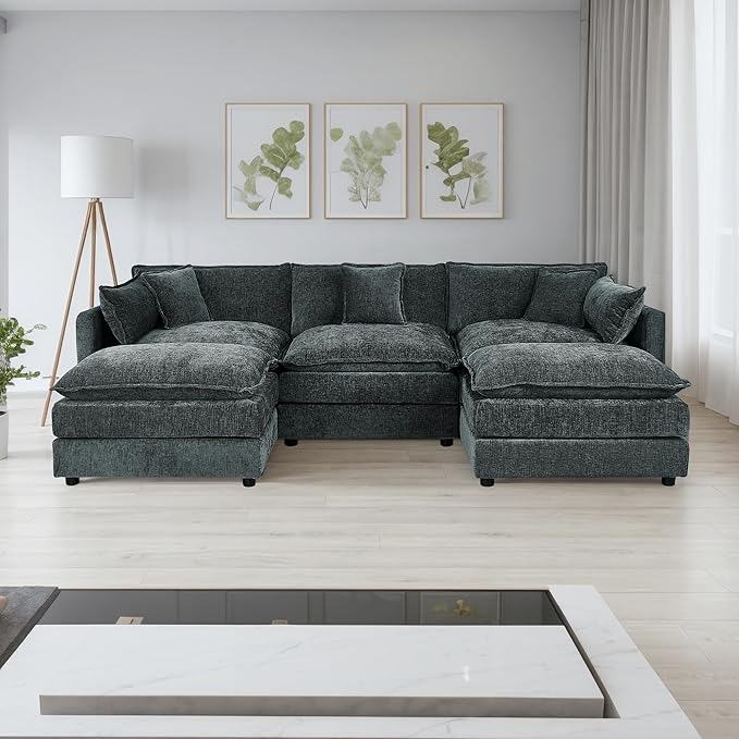 Setawix Deep 3 Seater Couch with Ottomans,112.2" U-Shaped Cloud Couches for Living Room,Chenille Cloud Sofa Couch with Deep Seat,Modular Sectional U Shape 3 Seat Sofa for Bedroom (Grey, 3+2)