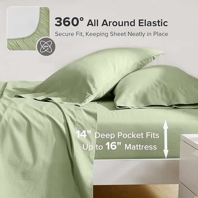 Comfort Spaces 100% Cotton Sheets Cal King, Breathable & Soft Cotton Sheets, Naturally Cool Cotton Bed Sheets with 14" Elastic Pocket Fits up to 16" Mattress, All Seasons Sheet Set, Sage Green 4 Piece