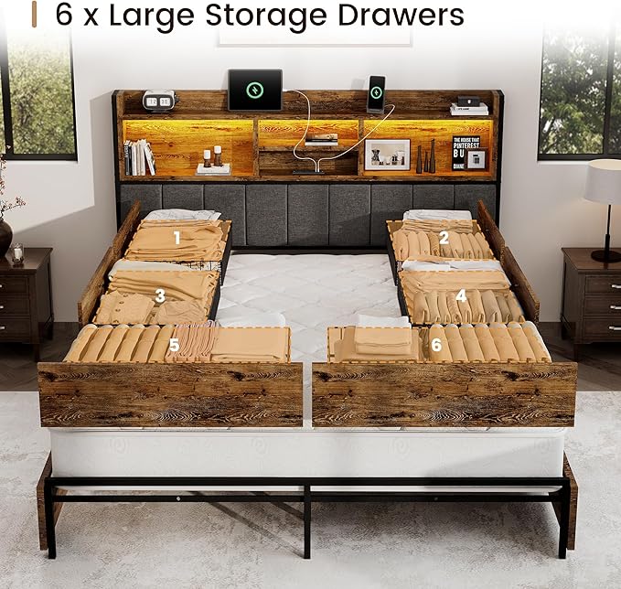 BRELTAM Queen Bed Frame with 6 Storage Drawers, Linen Upholstered Headboard, Built-in USB Charging Station & LED Lighting, Silent Metal Support, No Box Spring Needed, Vintage Brown