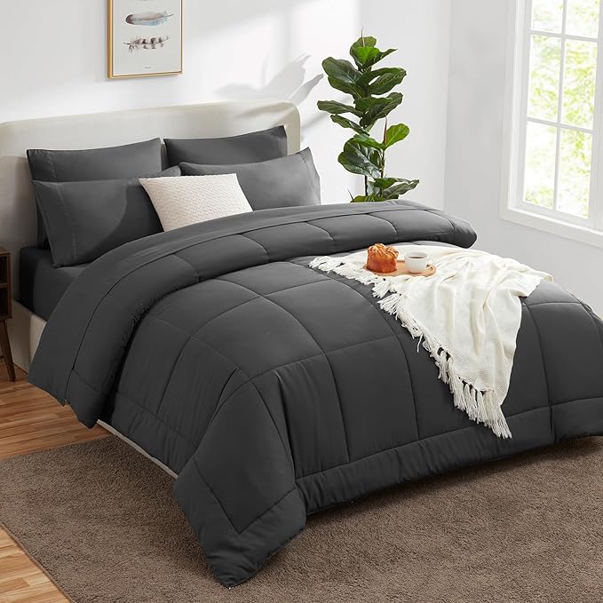 CozyLux Twin XL Comforter Set Dark Grey, 5 Pieces Twin Extra Long Bed in a Bag for College Dorm, All Season Bedding Set with Stitch Quilted Comforter, Flat Sheet, Fitted Sheet, Pillowcases