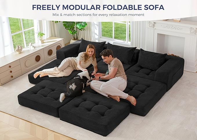 MAXYOYO Modular Sectional Sofa Couch, Foldable L-Shaped Folding Sofa Bed with Ottoman, Convertible Sectional Couch Corded Tufted Floor Sofa Lounger with Pillows for Living Room, No Assembly, Black