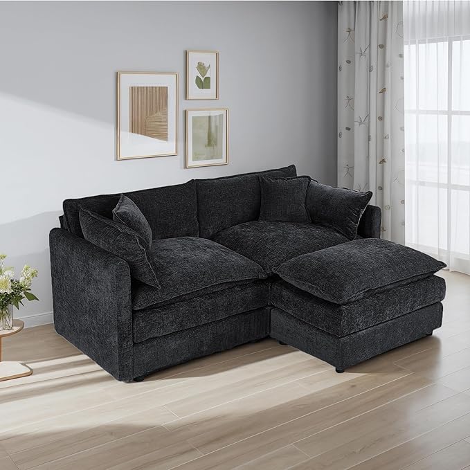 Setawix Deep Loveseat Couch with Ottoman,Large L-Shaped 2 Seater Cloud Couches for Living Room,77.16" Chenille Cloud Sofas with Deep Seat,Modular Sectional 2 Seat Sofa for Bedroom (Black, 2+1)