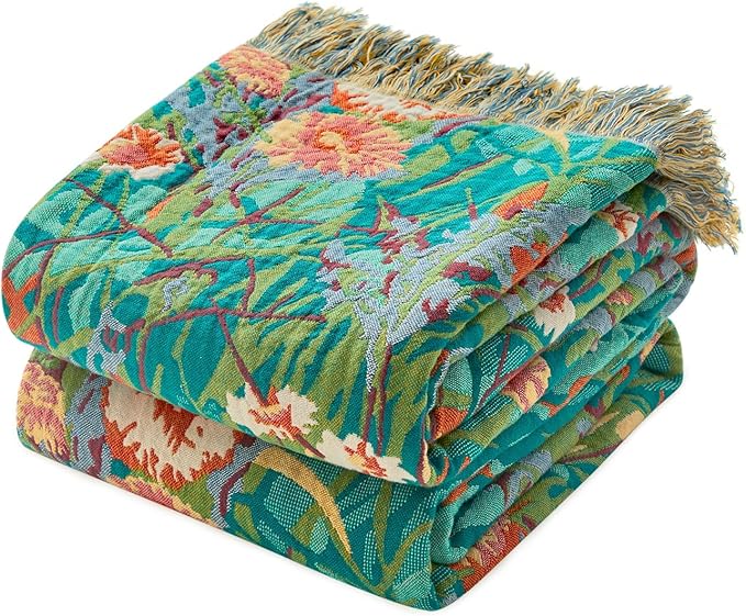 LUTBM King Size Blanket for Bed Soft Cotton Spring Lightweight Quilt Floral Embroidery King Bed Blanket,90"x108" All Season Reversible Blankets for Bedroom Living Room Decor