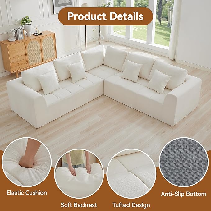 110'' Boneless Modular Couches for Living Room, Compressed Cloud Sectional Modern Sofa, L Shaped 5 Seater Upholstered Memory Foam Oversized Sofa, No Assembly, Chenille Beige