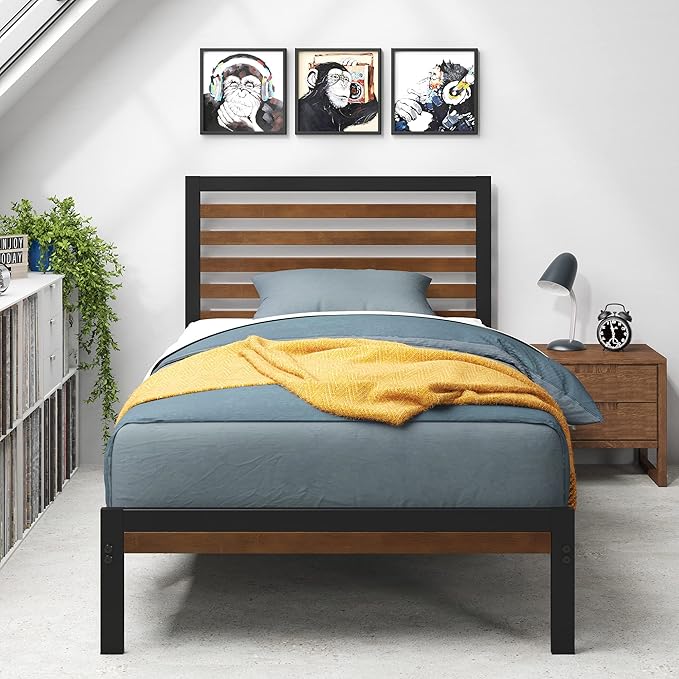 Zinus Kai Bamboo and Metal Platform Bed Frame with Headboard, No Box Spring Needed, Easy Assembly, Twin, Brown