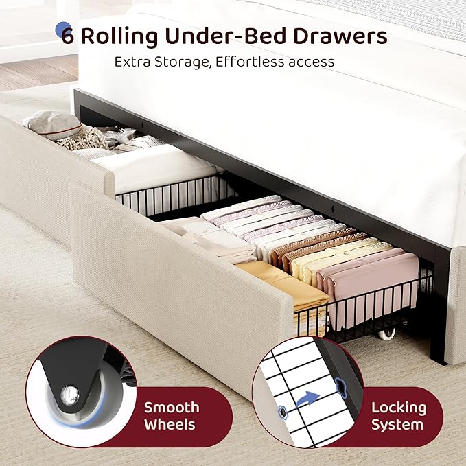 BRELTAM Queen Size Bed Frame with 6 Storage Drawers, Linen Upholstered Platform Bed with Charging Station,2-Tier Wave-Shaped Headboard Design,No Box Spring Needed,Easy Assembly,Beige