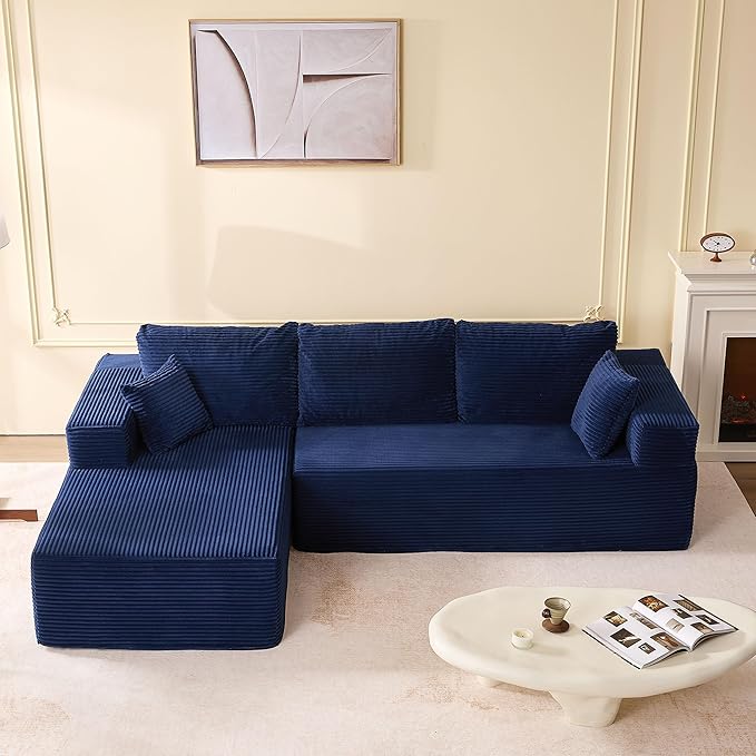 107" Boneless Couch with Deep Seat, Set of Modular Sectional Sofa, Cloud Sectional Couch for Living Room, No Assembly Required, Corduroy, L-Shape Left, Blue