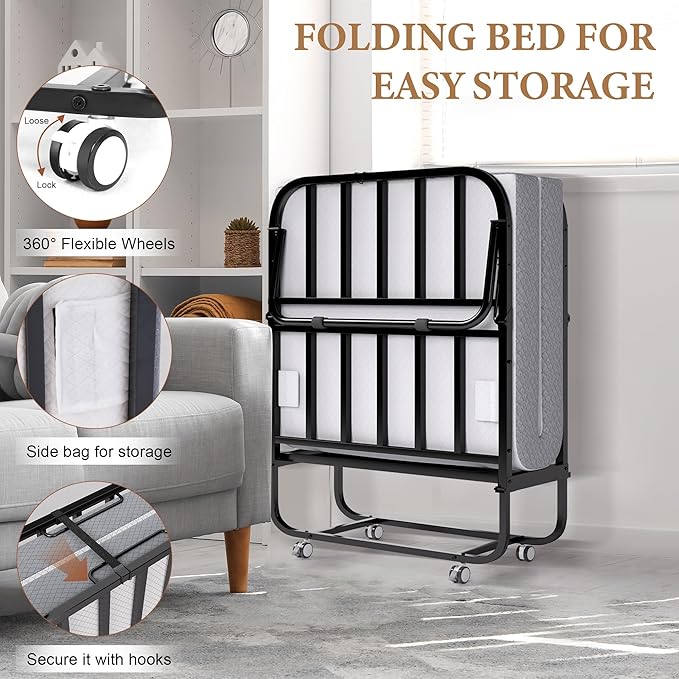 Decofy Folding Bed with Memory Foam Mattress, Portable Rollaway Guest Beds on Wheels, 75"x31" Twin Size Space-Saving Cot-Size Bed for Adults with Easy Assembly Metal Frame (White)