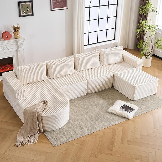 132” Boneless Couches for Living Room, L-Shaped Modular Sectional Sofa with Chaise & Ottoman, Modern Corduroy Cloud Couch with Deep Seat, Comfy Sponge Compression Convertible Sofas