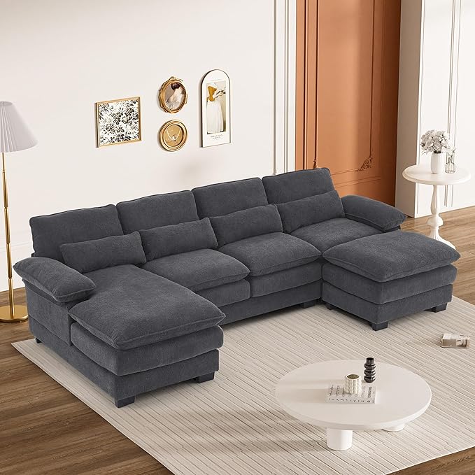 113" Cloud Couch Sectional Modular Sofa U Shaped Sectional Couches for Living Room Comfy 5-Seater Deep Seat Couch Chenille Cloud Sectional Sofa with Movable Ottoman & 4 Pillows, Dark Grey