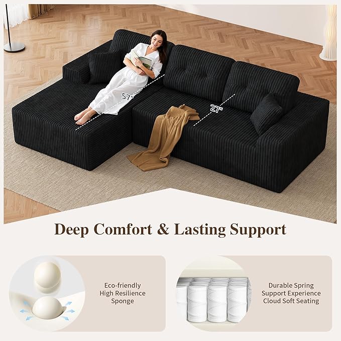 Ball & Cast 106" Boneless Sectional Sofa, Corduroy Modular L Shaped Couch with Deep Seat Chaise, Cloud Style Oversized Sectional Couch for Living Room, No Assembly, Left Facing, Black