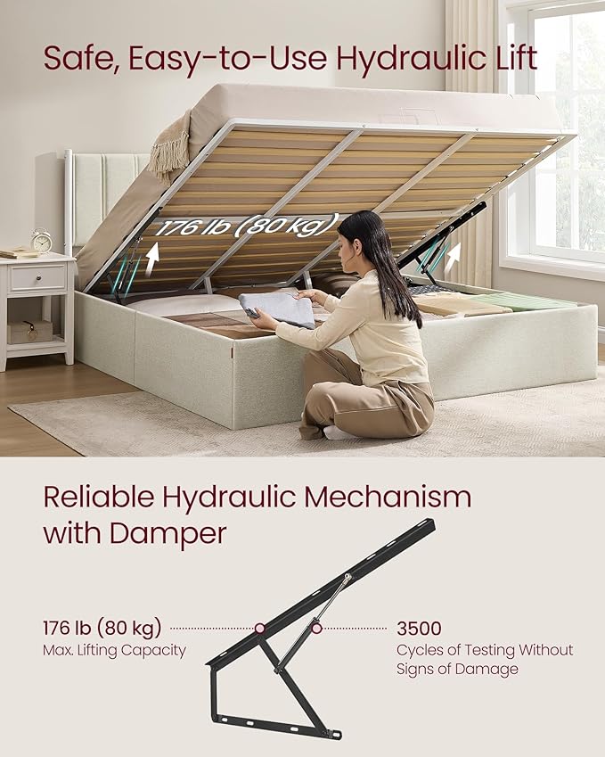 VASAGLE Lift Up Storage Bed Frame King Size, Hydraulic Platform Bed, with Upholstered Headboard, 1100 lb Weight Capacity, No Box Spring Needed, Easy Assembly, Modern, Cappuccino Beige URMB604W01V1